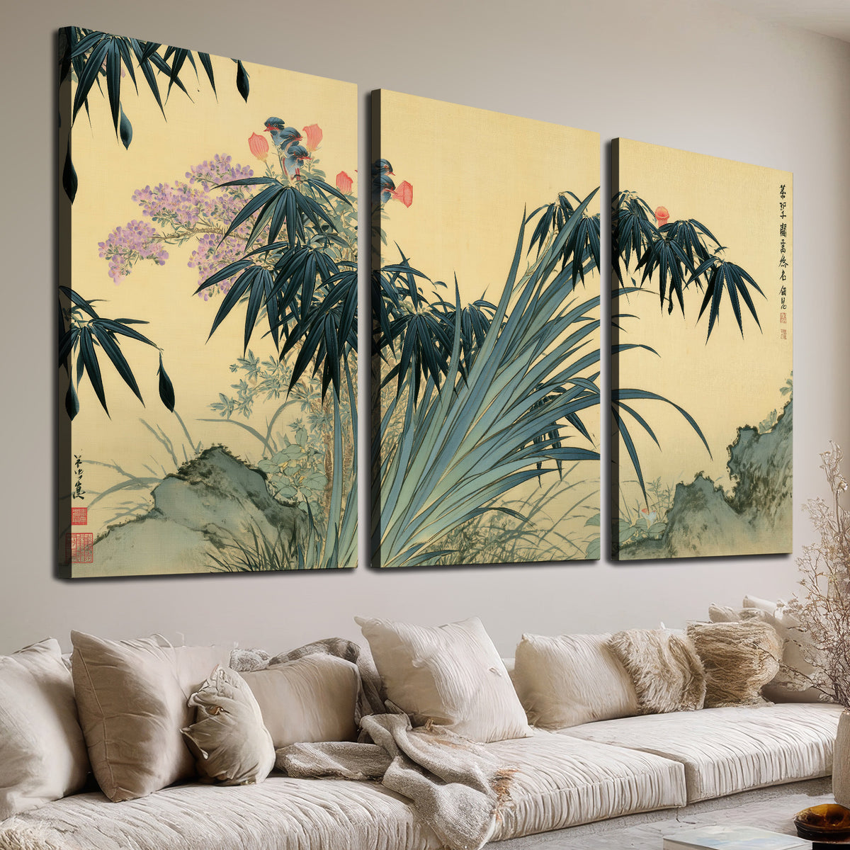 Graceful bamboo leaves and small blossoms on a warm parchment-toned background 3 piece canvas wall art room and product view