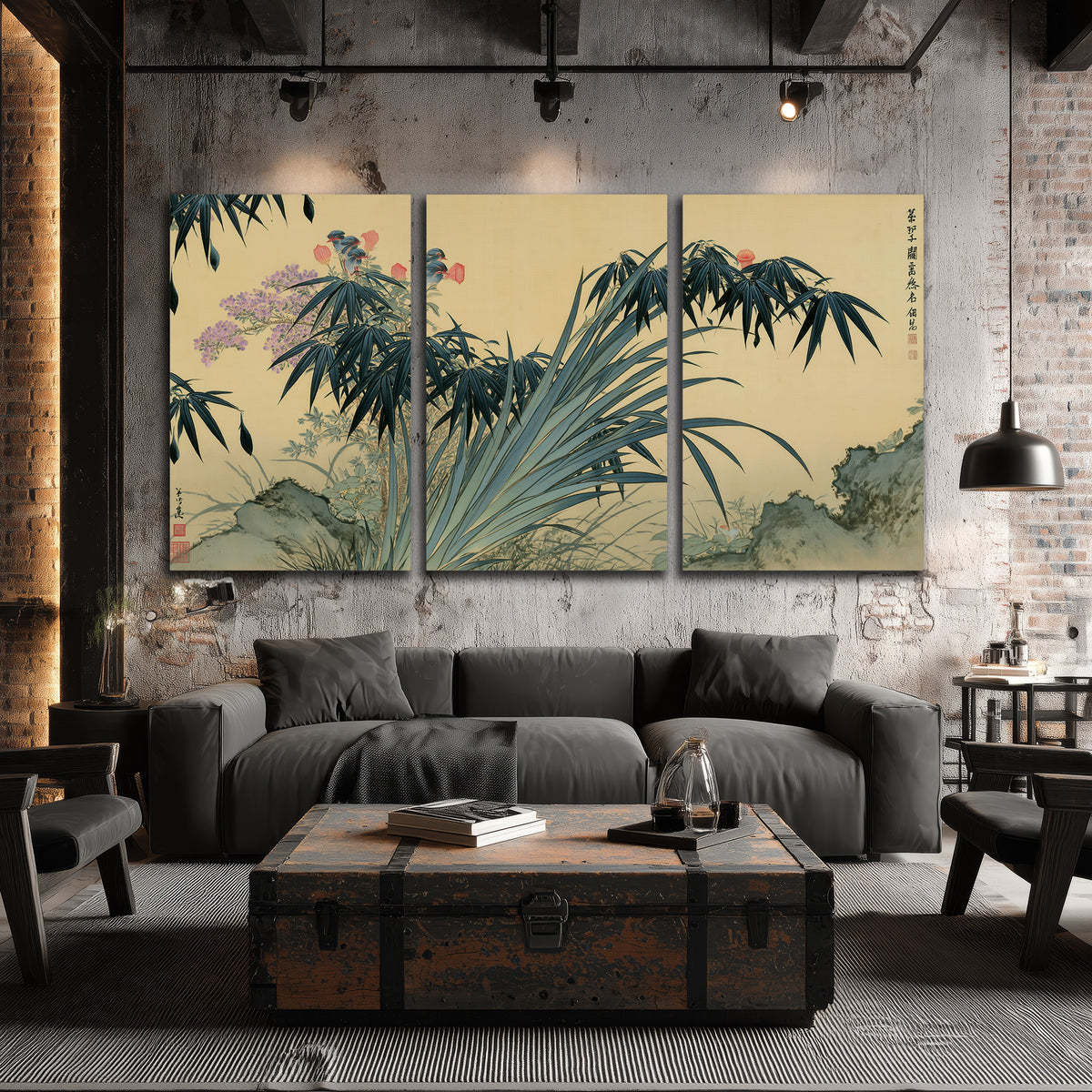 Graceful bamboo leaves and small blossoms on a warm parchment-toned background 3 piece canvas wall art displayed in a industrial room