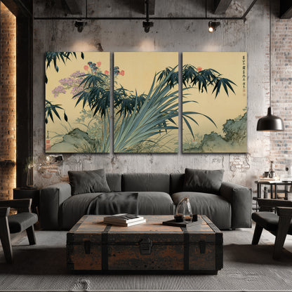 Graceful bamboo leaves and small blossoms on a warm parchment-toned background 3 piece canvas wall art displayed in a industrial room