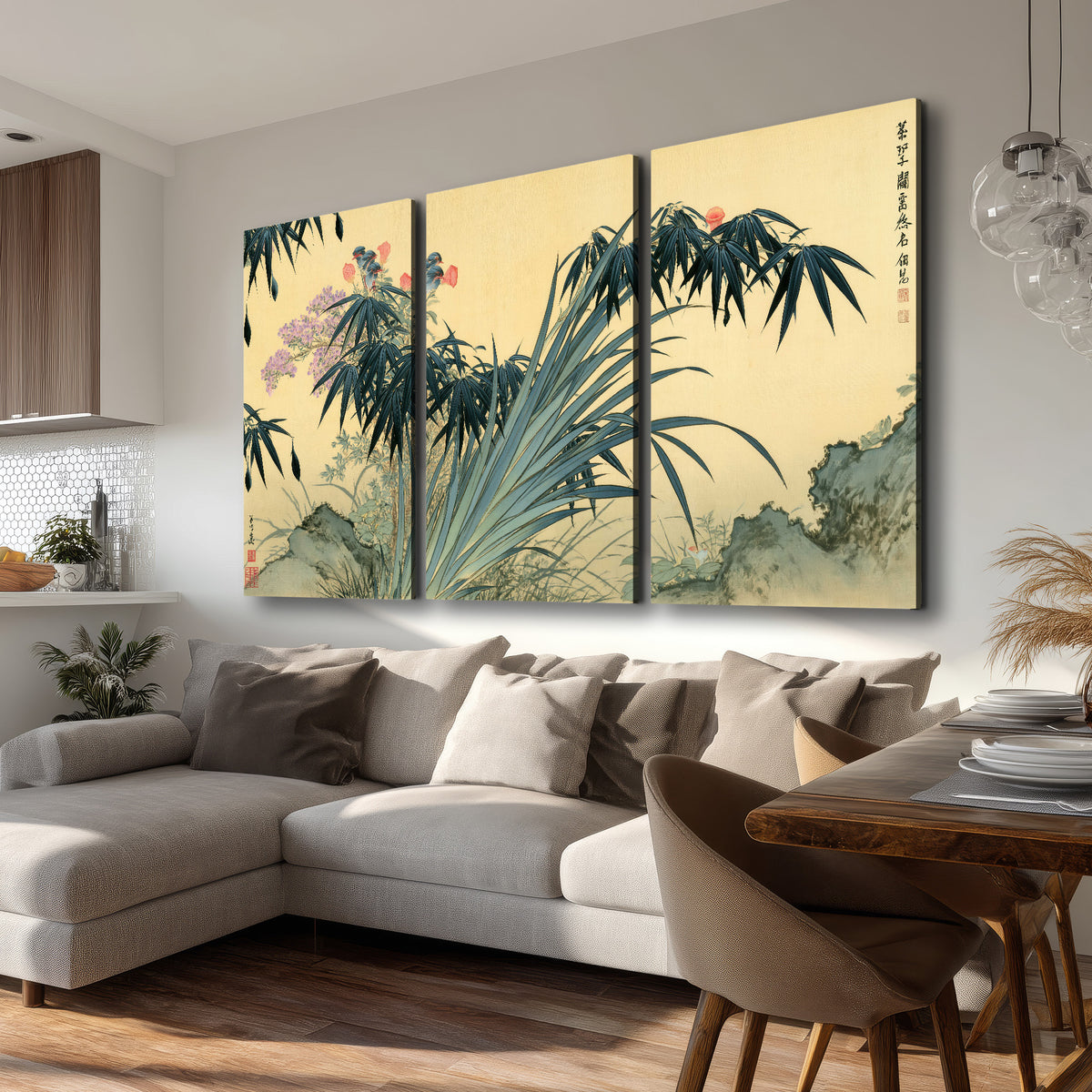 Graceful bamboo leaves and small blossoms on a warm parchment-toned background 3 piece canvas wall art room and product view
