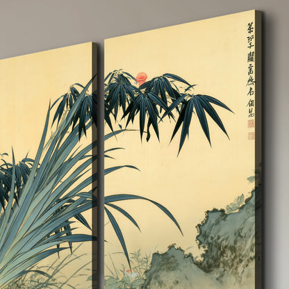 Graceful bamboo leaves and small blossoms on a warm parchment-toned background 3 piece canvas wall art room and product view