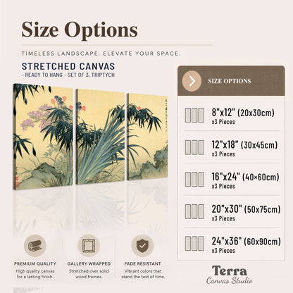 Graceful bamboo leaves and small blossoms on a warm parchment-toned background 3 piece canvas wall art available dimensions; triptych dimensions are per panel