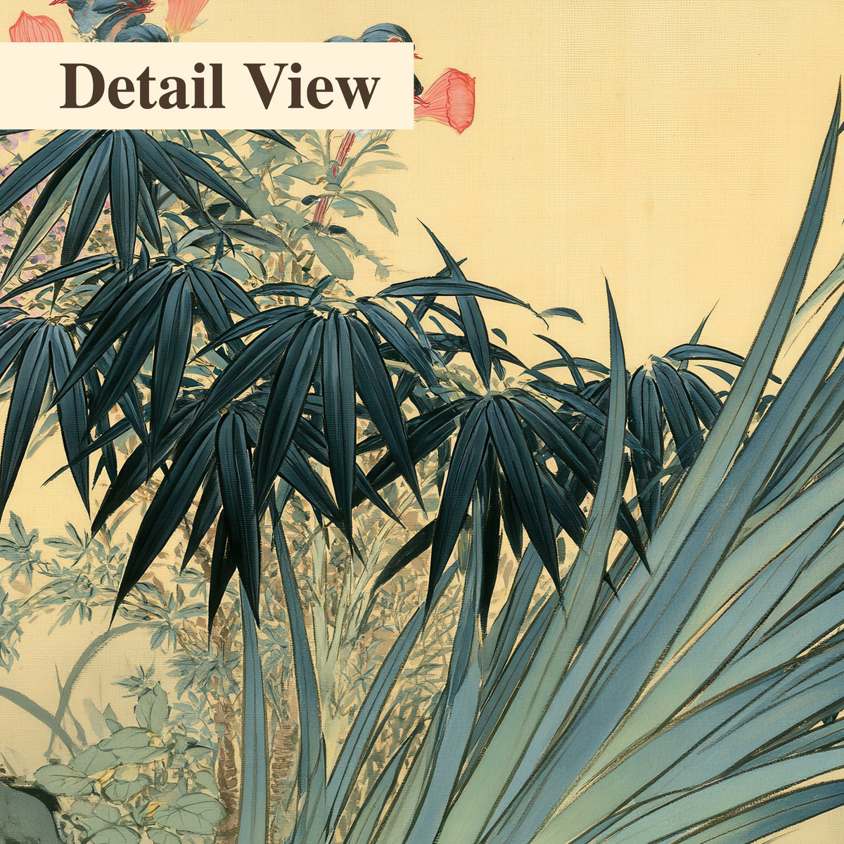 Graceful bamboo leaves and small blossoms on a warm parchment-toned background 3 piece canvas wall art artwork detail close up