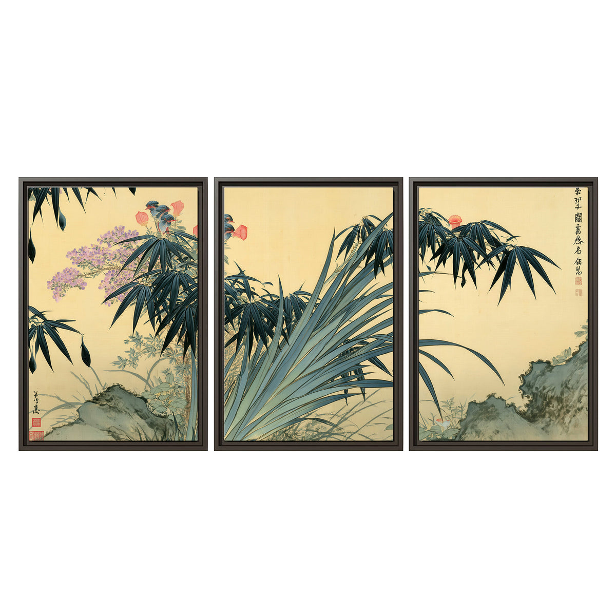 Graceful bamboo leaves and small blossoms on a warm parchment-toned background 3 piece framed canvas wall art viewed straight on