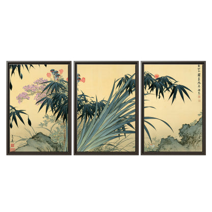 Graceful bamboo leaves and small blossoms on a warm parchment-toned background 3 piece framed canvas wall art viewed straight on