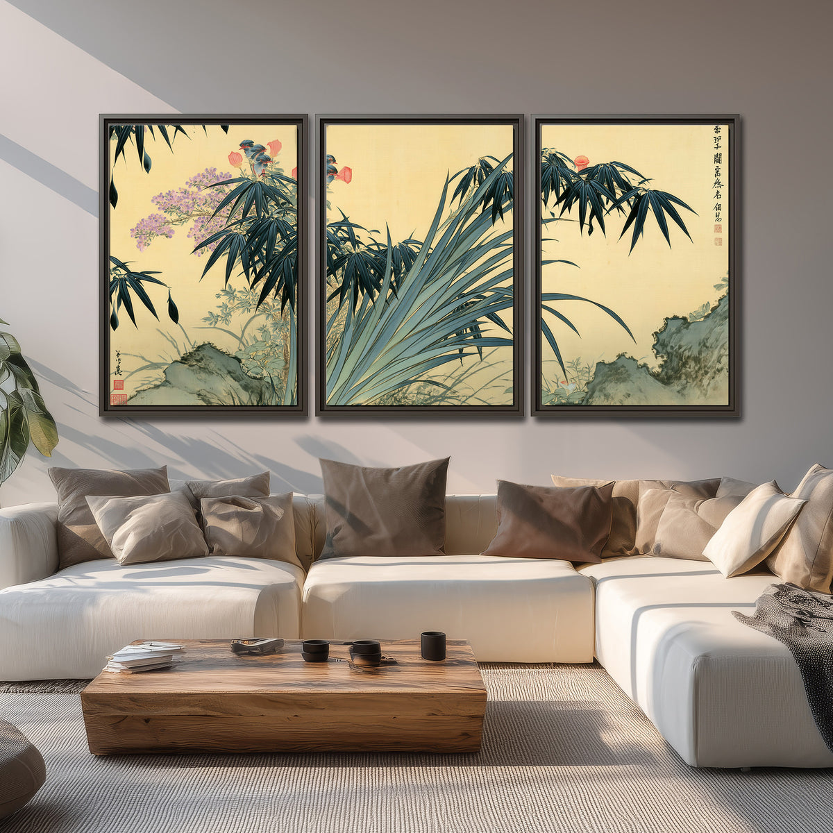Graceful bamboo leaves and small blossoms on a warm parchment-toned background 3 piece framed canvas wall art displayed in a living room