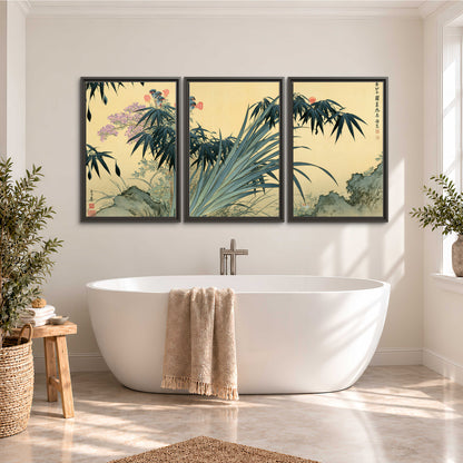 Graceful bamboo leaves and small blossoms on a warm parchment-toned background 3 piece framed canvas wall art styled in an interior