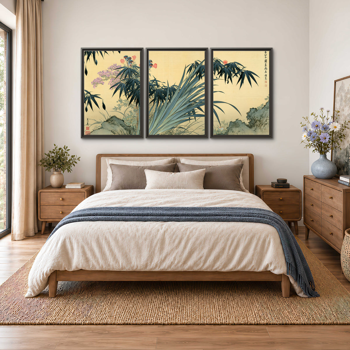 Graceful bamboo leaves and small blossoms on a warm parchment-toned background 3 piece framed canvas wall art styled in an interior