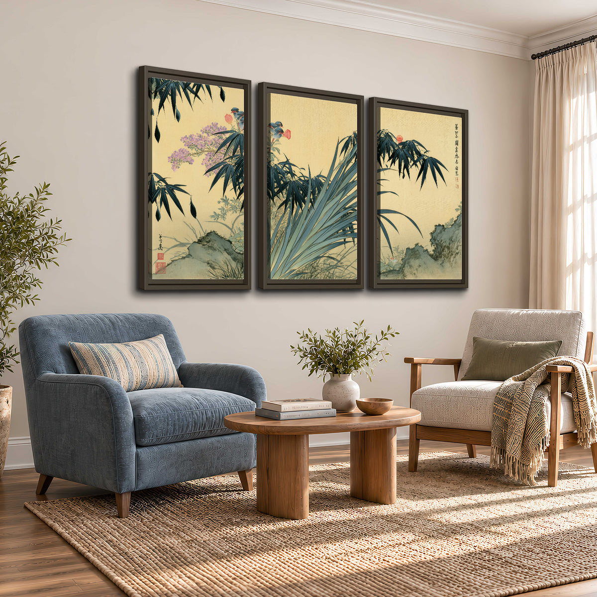 Graceful bamboo leaves and small blossoms on a warm parchment-toned background 3 piece framed canvas wall art styled in an interior