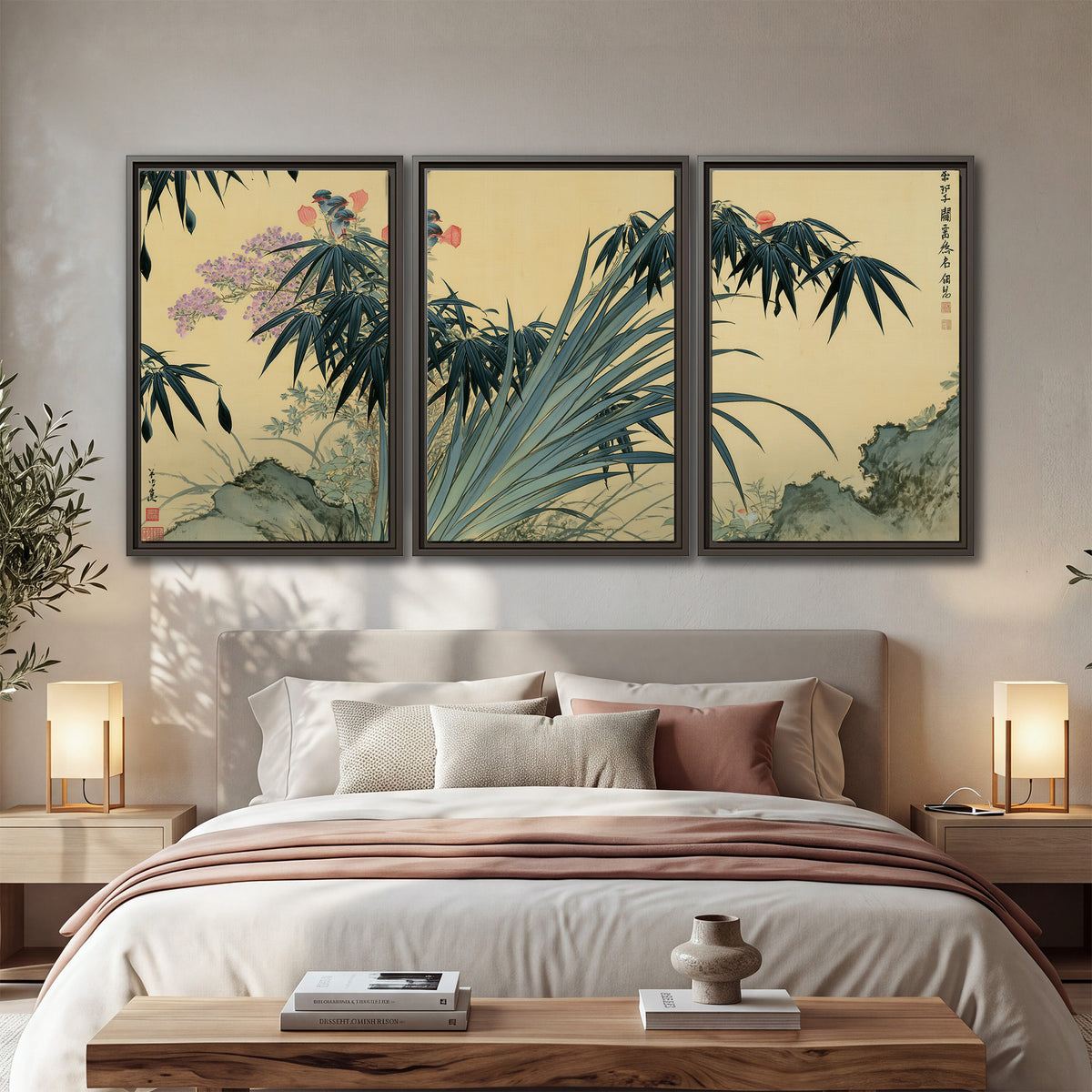Graceful bamboo leaves and small blossoms on a warm parchment-toned background 3 piece framed canvas wall art displayed in a bedroom