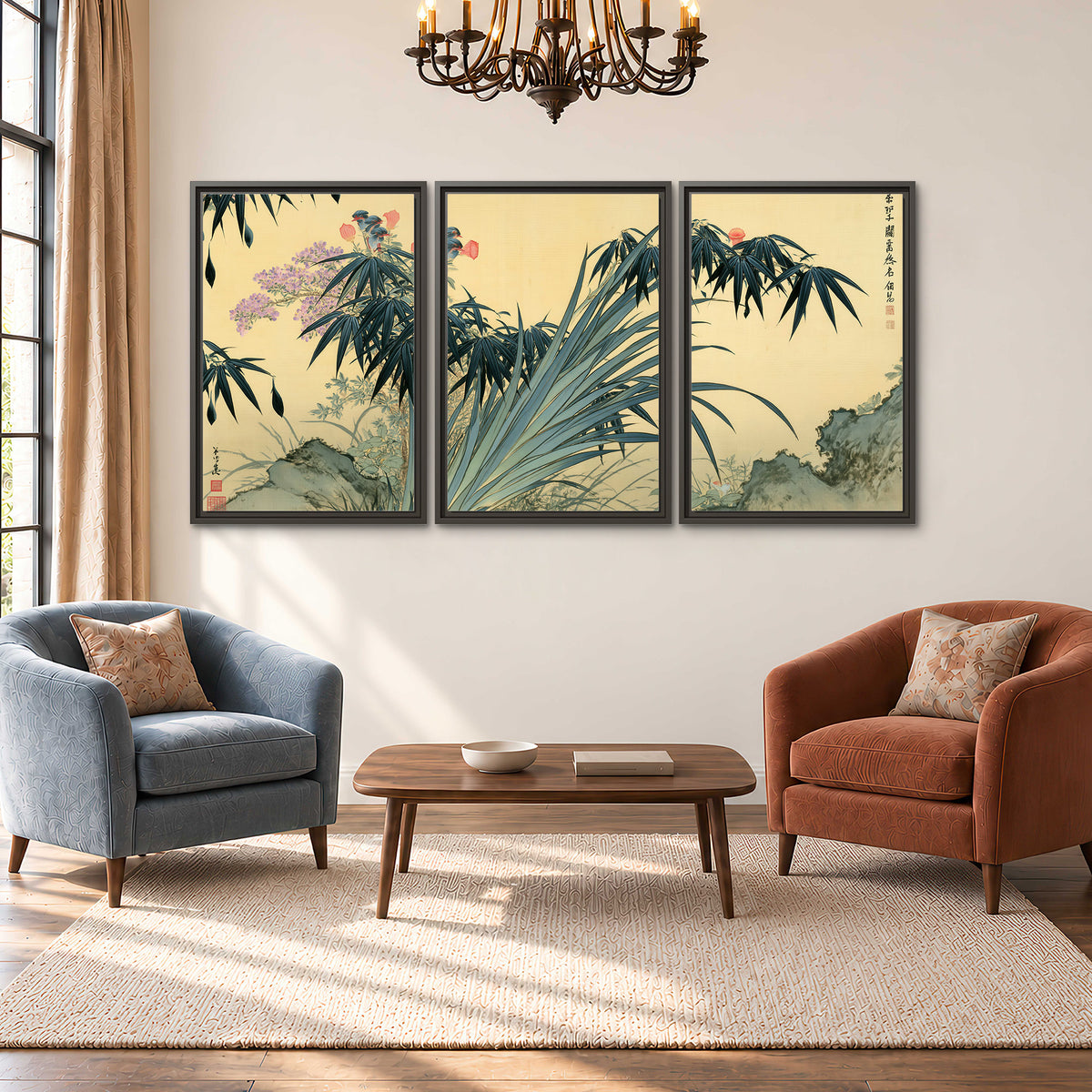 Graceful bamboo leaves and small blossoms on a warm parchment-toned background 3 piece framed canvas wall art styled in an interior