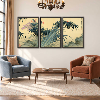 Graceful bamboo leaves and small blossoms on a warm parchment-toned background 3 piece framed canvas wall art styled in an interior