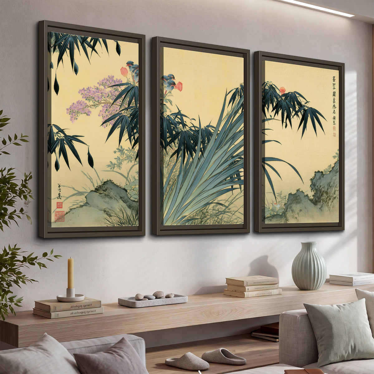 Graceful bamboo leaves and small blossoms on a warm parchment-toned background 3 piece framed canvas wall art displayed in a console