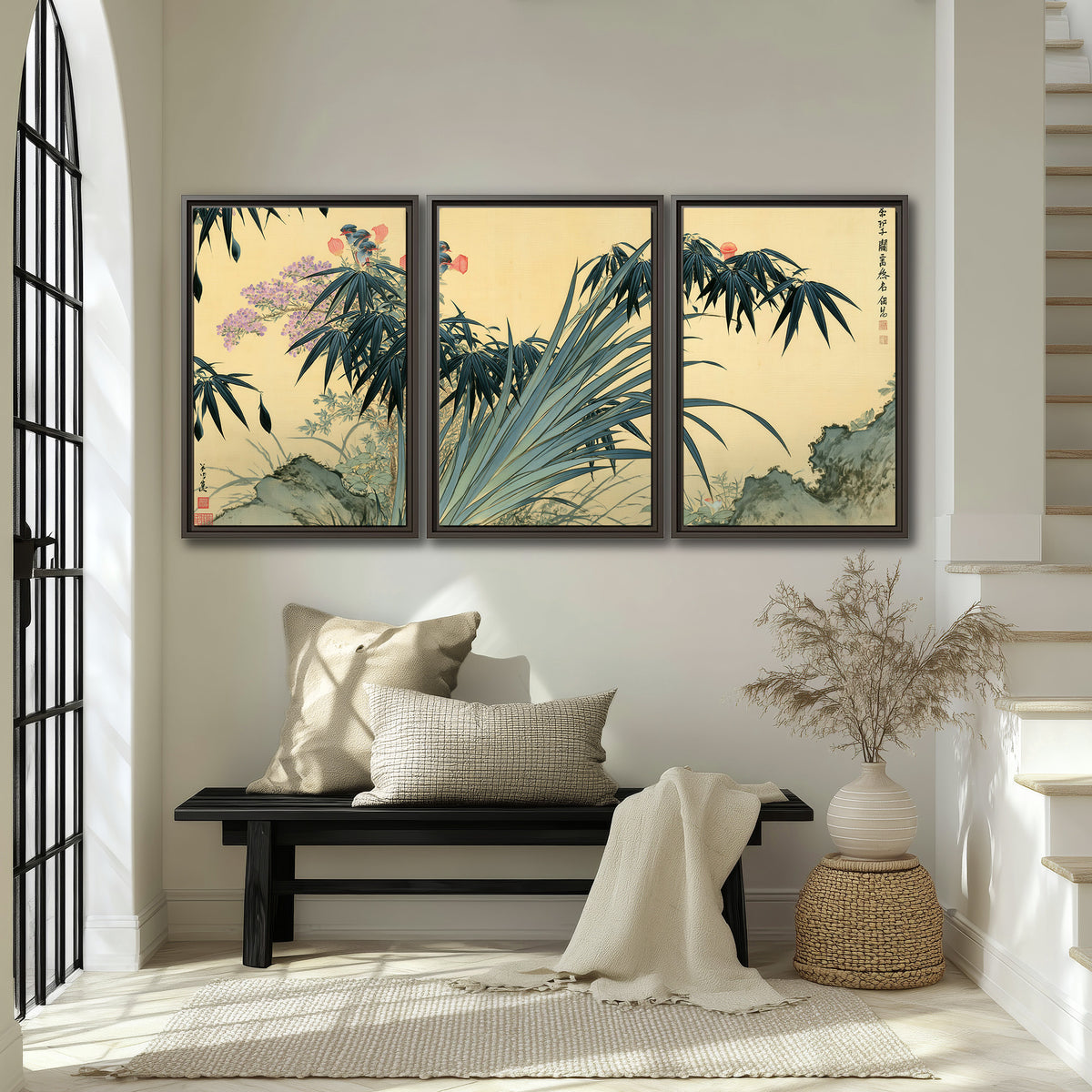 Graceful bamboo leaves and small blossoms on a warm parchment-toned background 3 piece framed canvas wall art displayed in a entryway