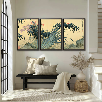 Graceful bamboo leaves and small blossoms on a warm parchment-toned background 3 piece framed canvas wall art displayed in a entryway