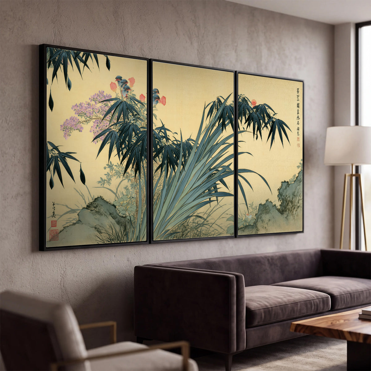 Graceful bamboo leaves and small blossoms on a warm parchment-toned background 3 piece framed canvas wall art displayed in a modern living room