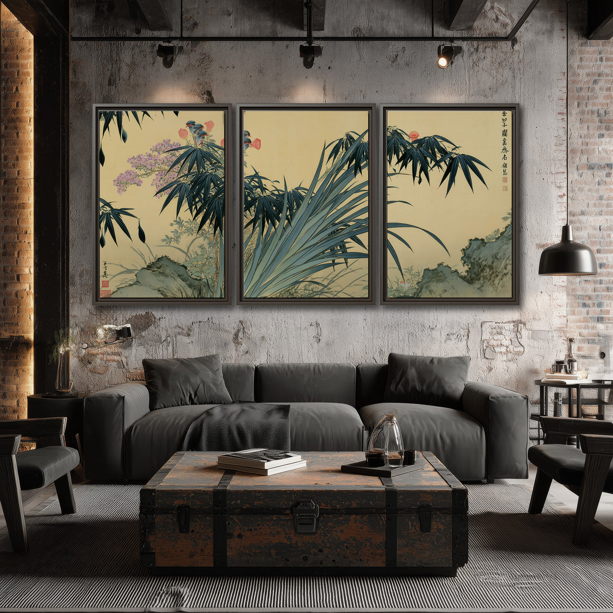 Graceful bamboo leaves and small blossoms on a warm parchment-toned background 3 piece framed canvas wall art displayed in a industrial room