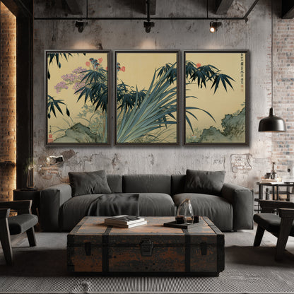 Graceful bamboo leaves and small blossoms on a warm parchment-toned background 3 piece framed canvas wall art displayed in a industrial room
