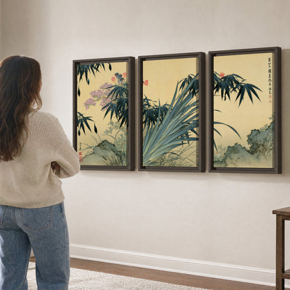 Graceful bamboo leaves and small blossoms on a warm parchment-toned background 3 piece framed canvas wall art three panel arrangement on a wall