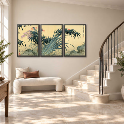 Graceful bamboo leaves and small blossoms on a warm parchment-toned background 3 piece framed canvas wall art styled in an interior