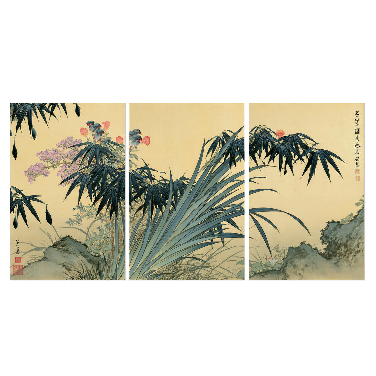 Graceful bamboo leaves and small blossoms on a warm parchment-toned background set of 3 poster prints viewed straight on