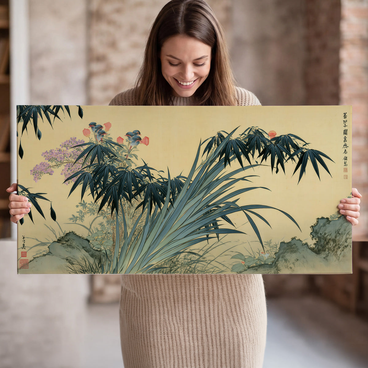 Graceful bamboo leaves and small blossoms on a warm parchment-toned background single canvas wall art held in hands