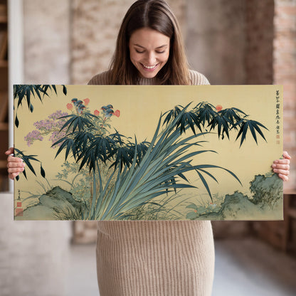 Graceful bamboo leaves and small blossoms on a warm parchment-toned background single canvas wall art held in hands