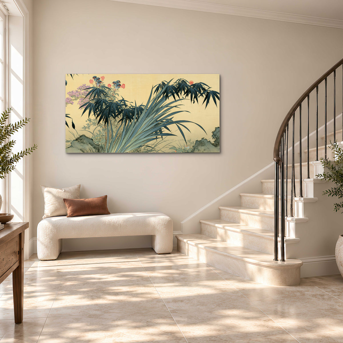 Graceful bamboo leaves and small blossoms on a warm parchment-toned background single canvas wall art styled in an interior