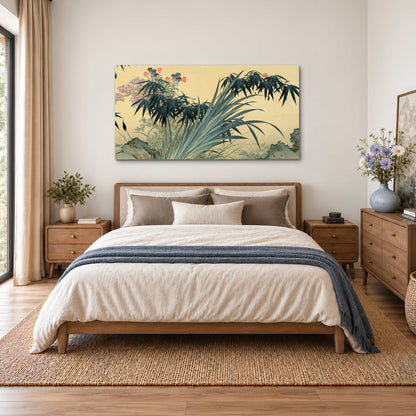 Graceful bamboo leaves and small blossoms on a warm parchment-toned background single canvas wall art styled in an interior
