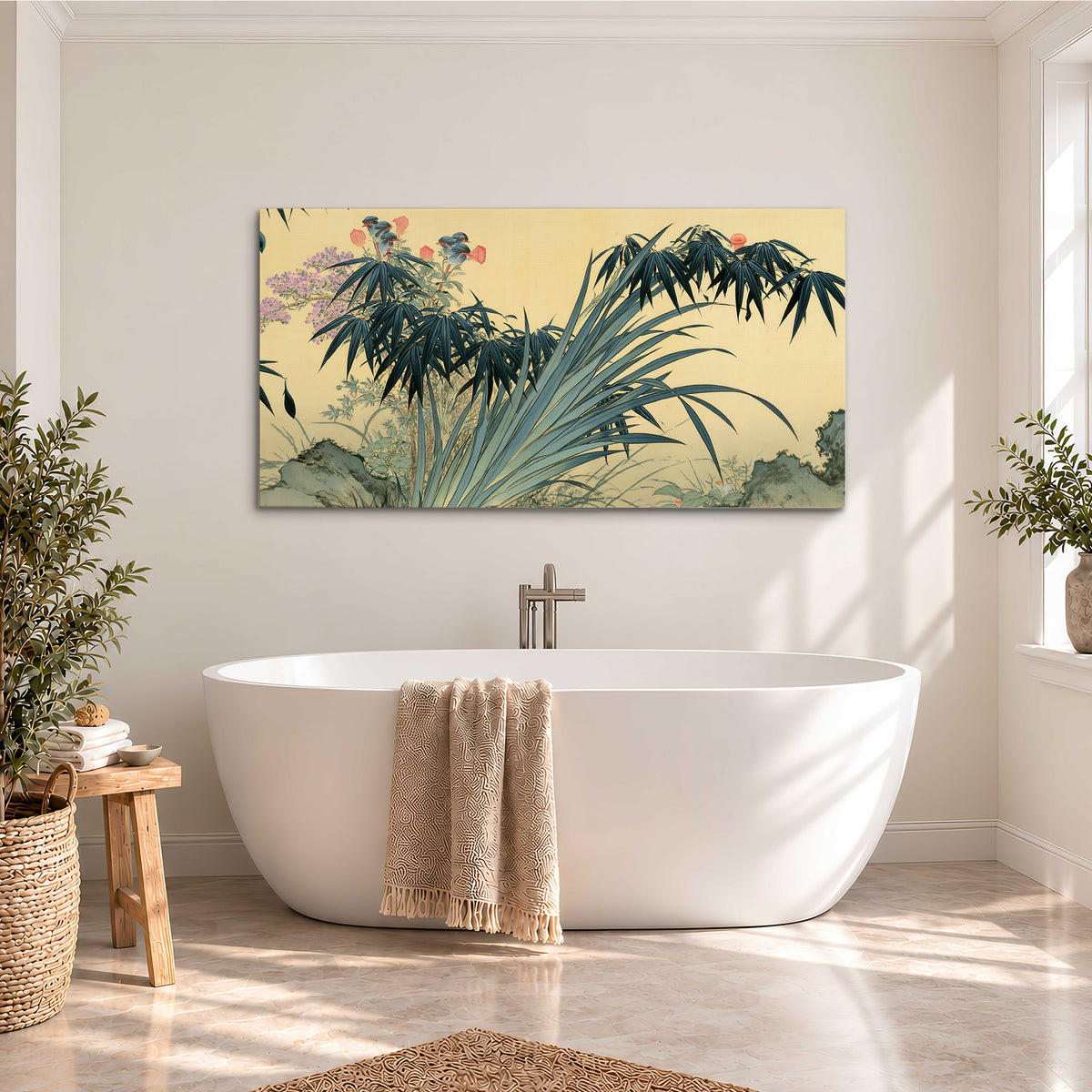 Graceful bamboo leaves and small blossoms on a warm parchment-toned background single canvas wall art styled in an interior