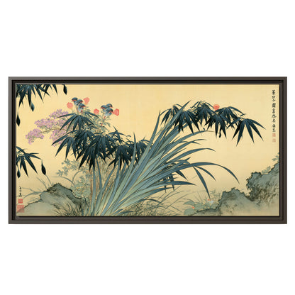 Graceful bamboo leaves and small blossoms on a warm parchment-toned background single framed canvas wall art viewed straight on