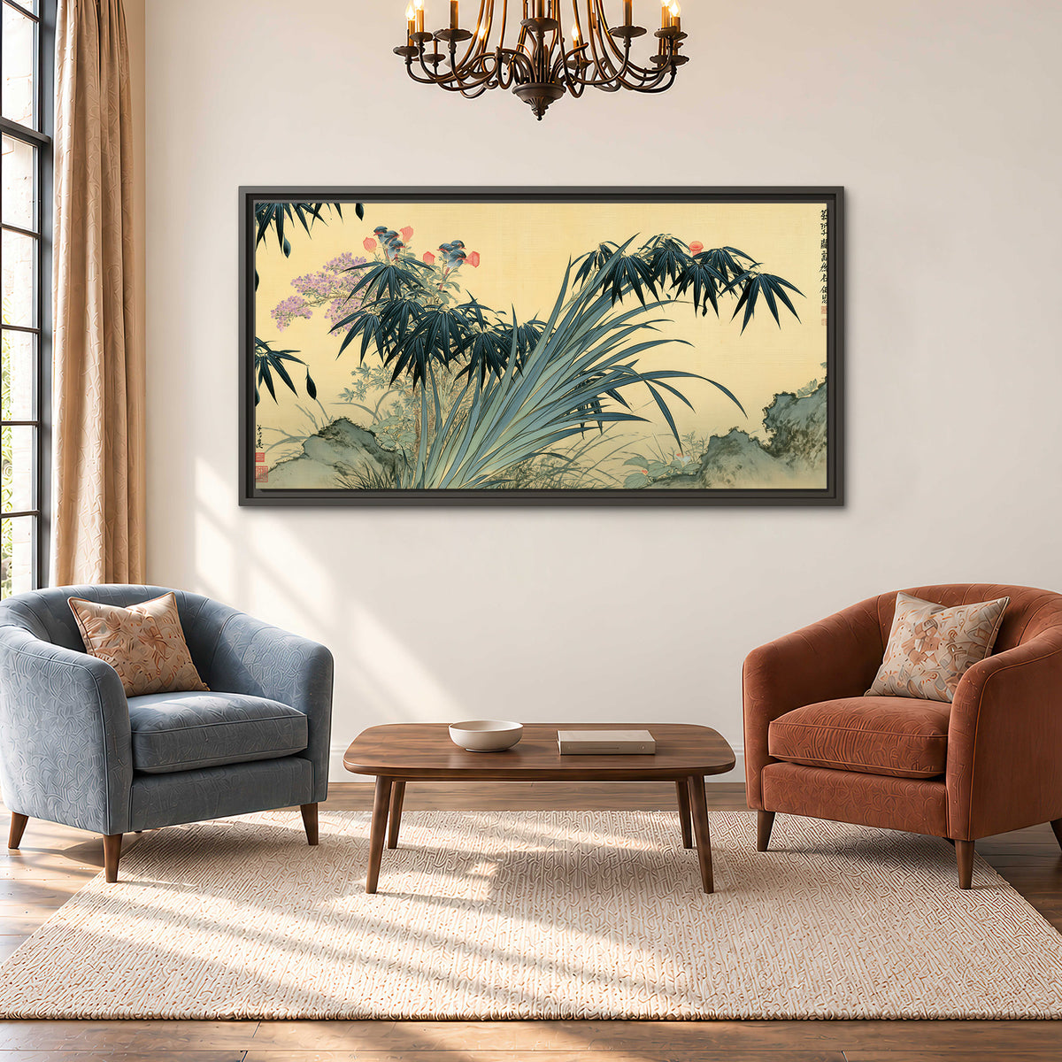 Graceful bamboo leaves and small blossoms on a warm parchment-toned background single framed canvas wall art styled in an interior