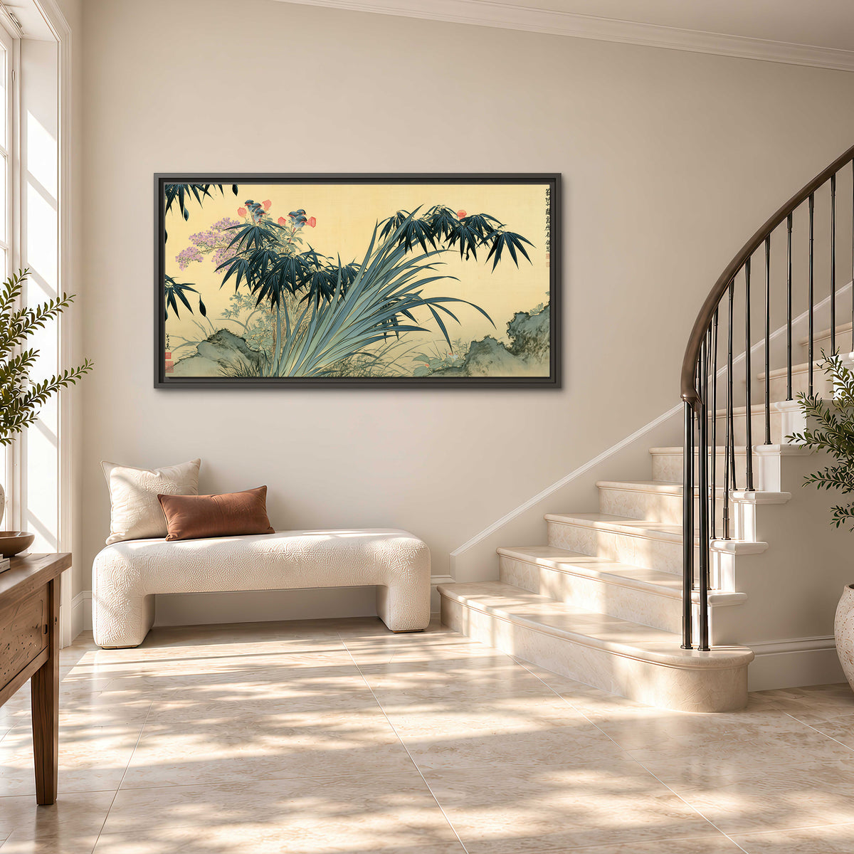 Graceful bamboo leaves and small blossoms on a warm parchment-toned background single framed canvas wall art styled in an interior