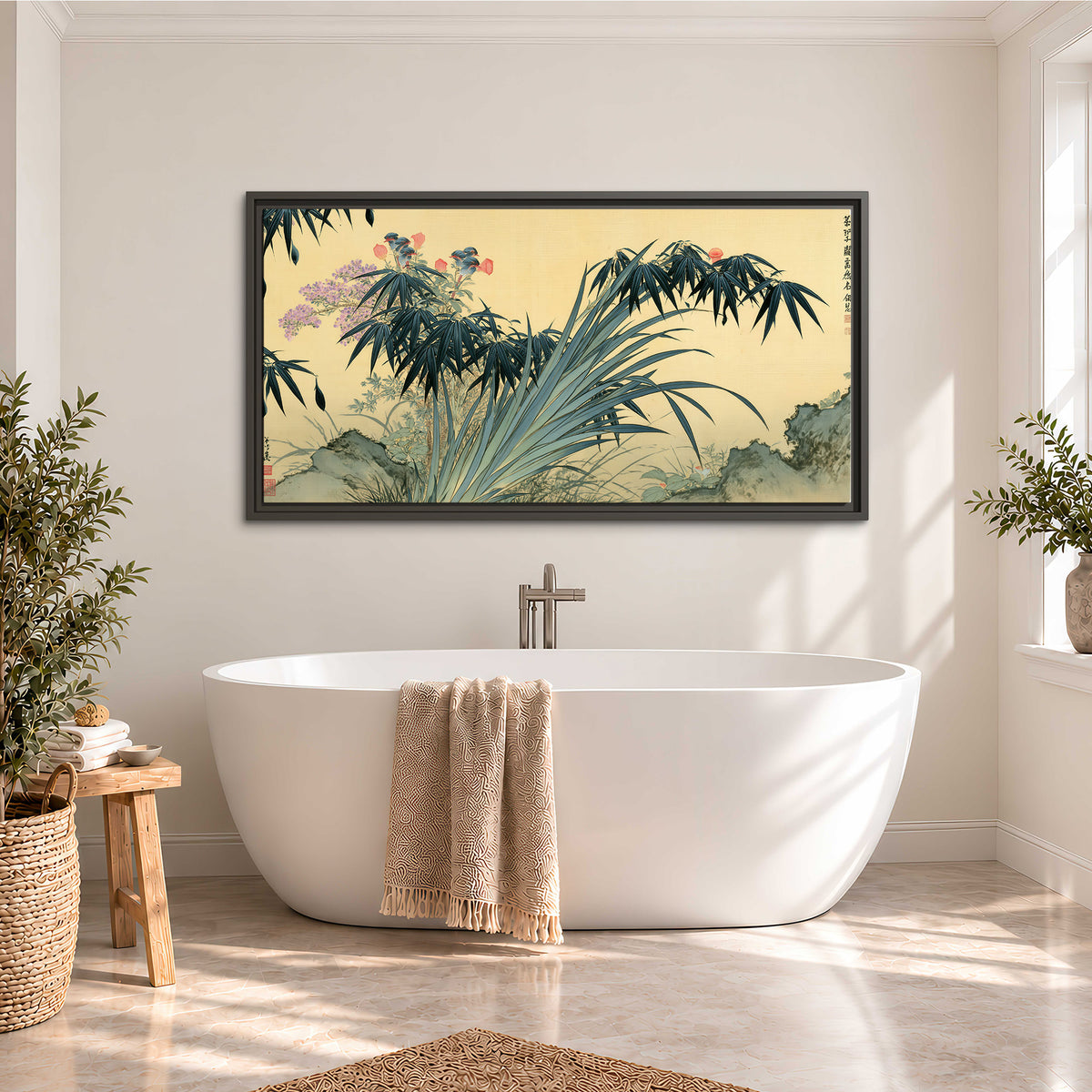 Graceful bamboo leaves and small blossoms on a warm parchment-toned background single framed canvas wall art styled in an interior