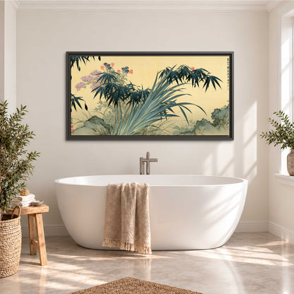 Graceful bamboo leaves and small blossoms on a warm parchment-toned background single framed canvas wall art styled in an interior