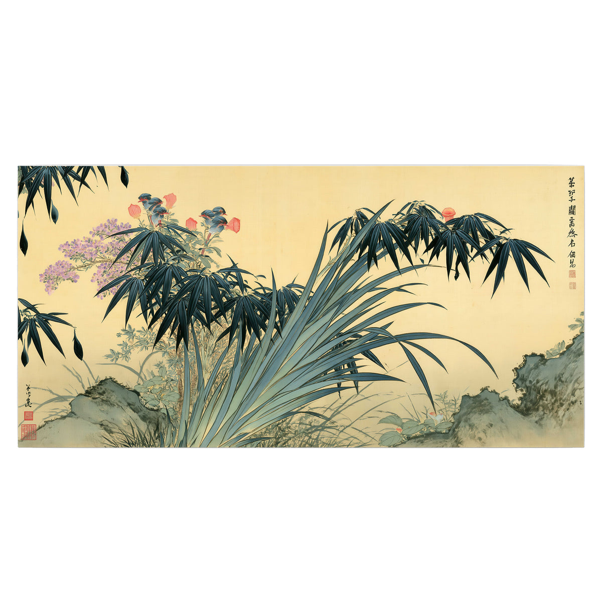 Graceful bamboo leaves and small blossoms on a warm parchment-toned background single poster print viewed straight on