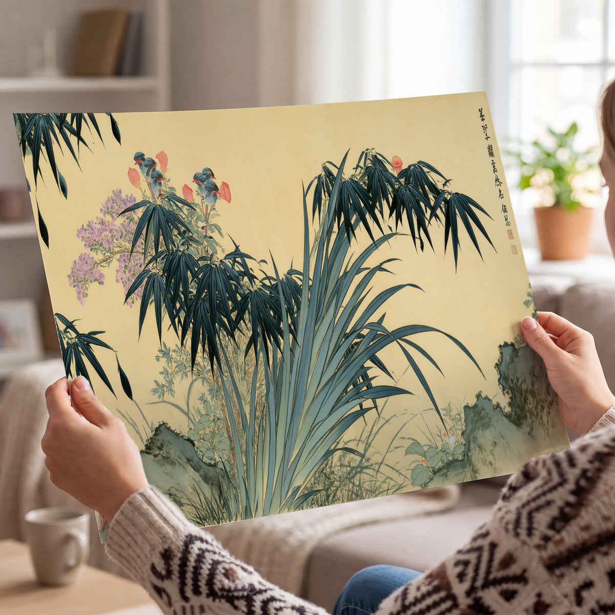 Graceful bamboo leaves and small blossoms on a warm parchment-toned background single poster print held in hands