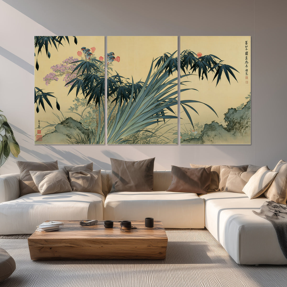 Graceful bamboo leaves and small blossoms on a warm parchment-toned background set of 3 poster prints displayed in a living room
