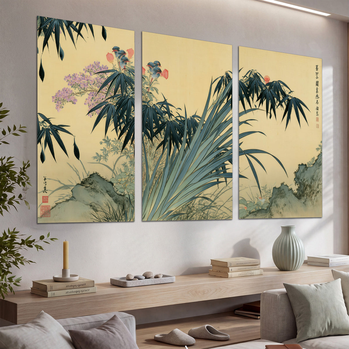 Graceful bamboo leaves and small blossoms on a warm parchment-toned background set of 3 poster prints displayed in a console