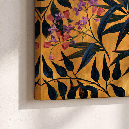 Dark pointed bamboo leaves across an ochre background with small pink floral accents 3 piece canvas wall art material and edge close up