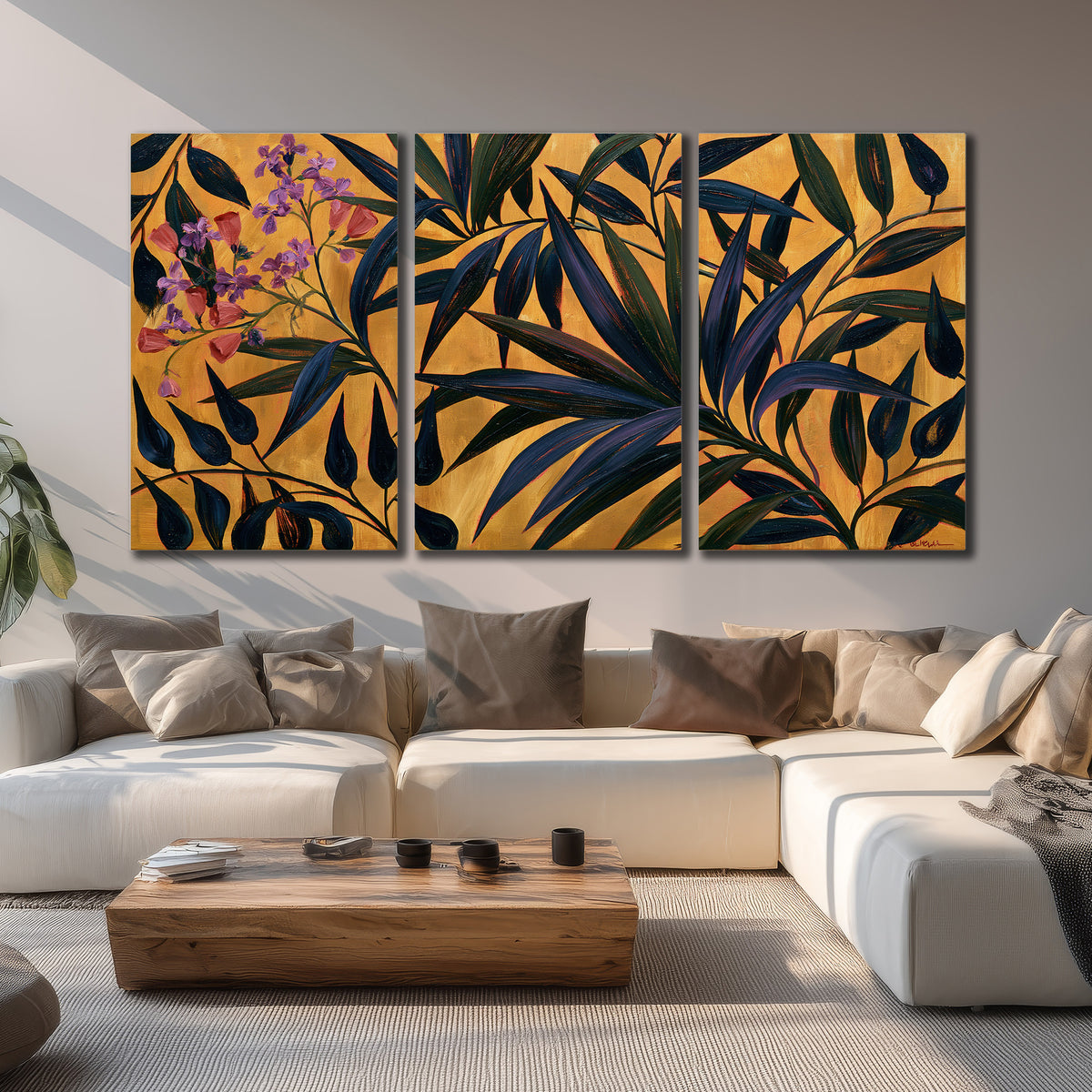 Dark pointed bamboo leaves across an ochre background with small pink floral accents 3 piece canvas wall art displayed in a living room