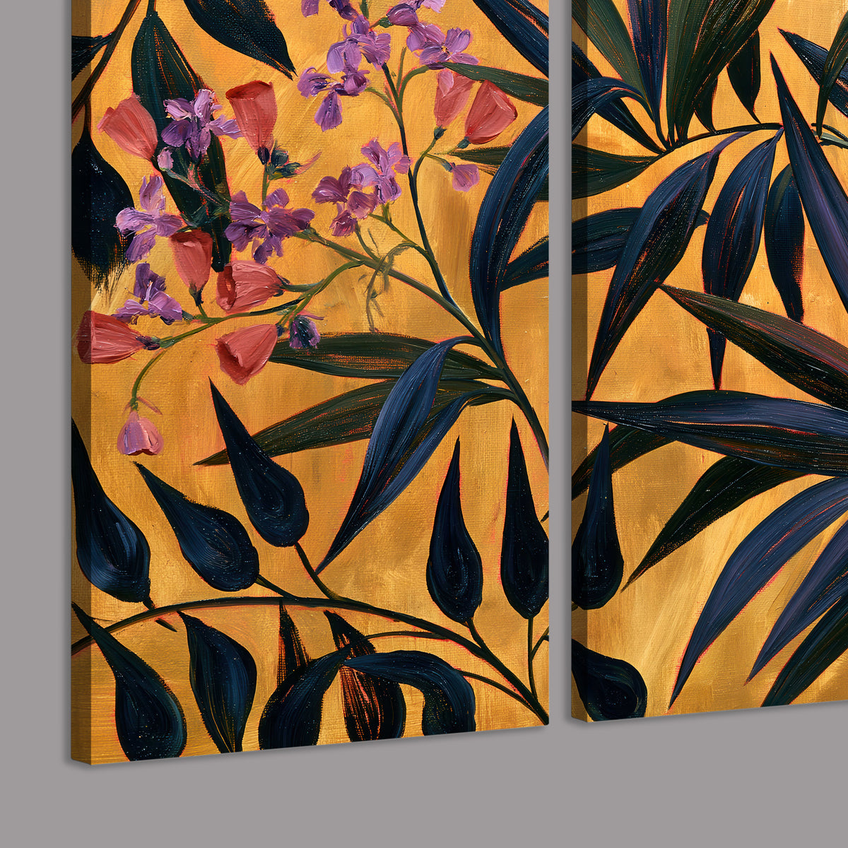 Dark pointed bamboo leaves across an ochre background with small pink floral accents 3 piece canvas wall art room and product view