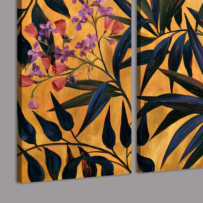 Dark pointed bamboo leaves across an ochre background with small pink floral accents 3 piece canvas wall art room and product view