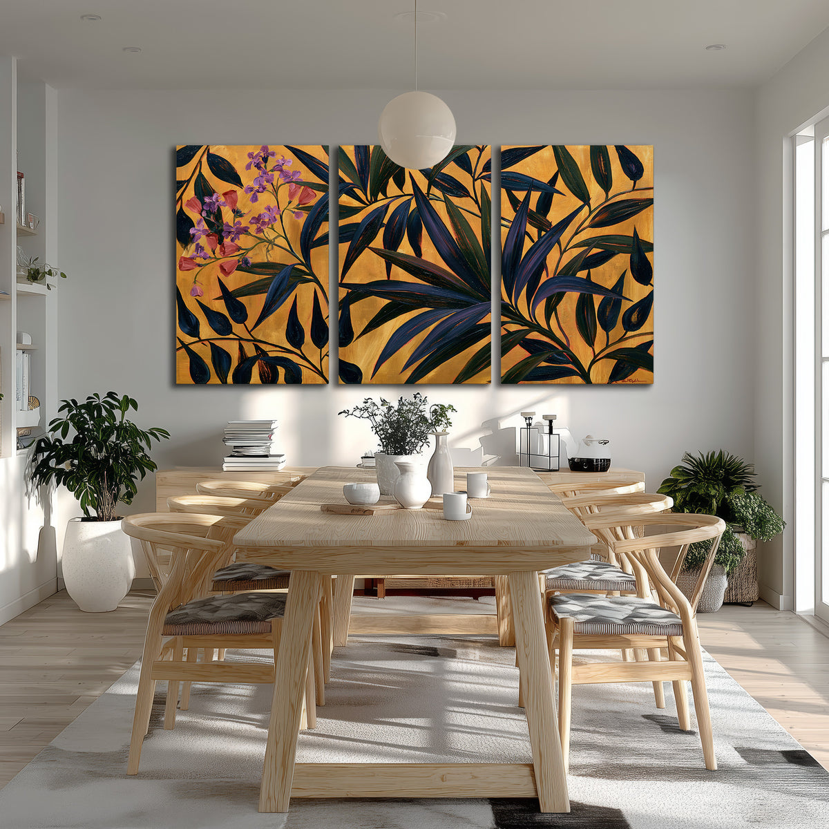 Dark pointed bamboo leaves across an ochre background with small pink floral accents 3 piece canvas wall art room and product view