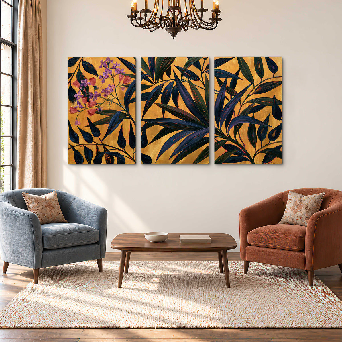 Dark pointed bamboo leaves across an ochre background with small pink floral accents 3 piece canvas wall art styled in an interior