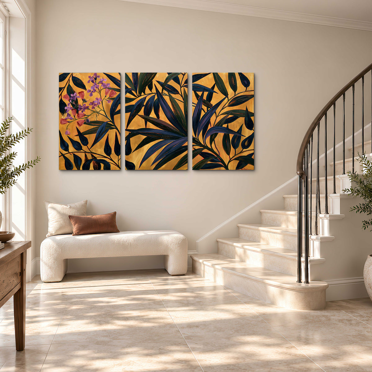 Dark pointed bamboo leaves across an ochre background with small pink floral accents 3 piece canvas wall art styled in an interior