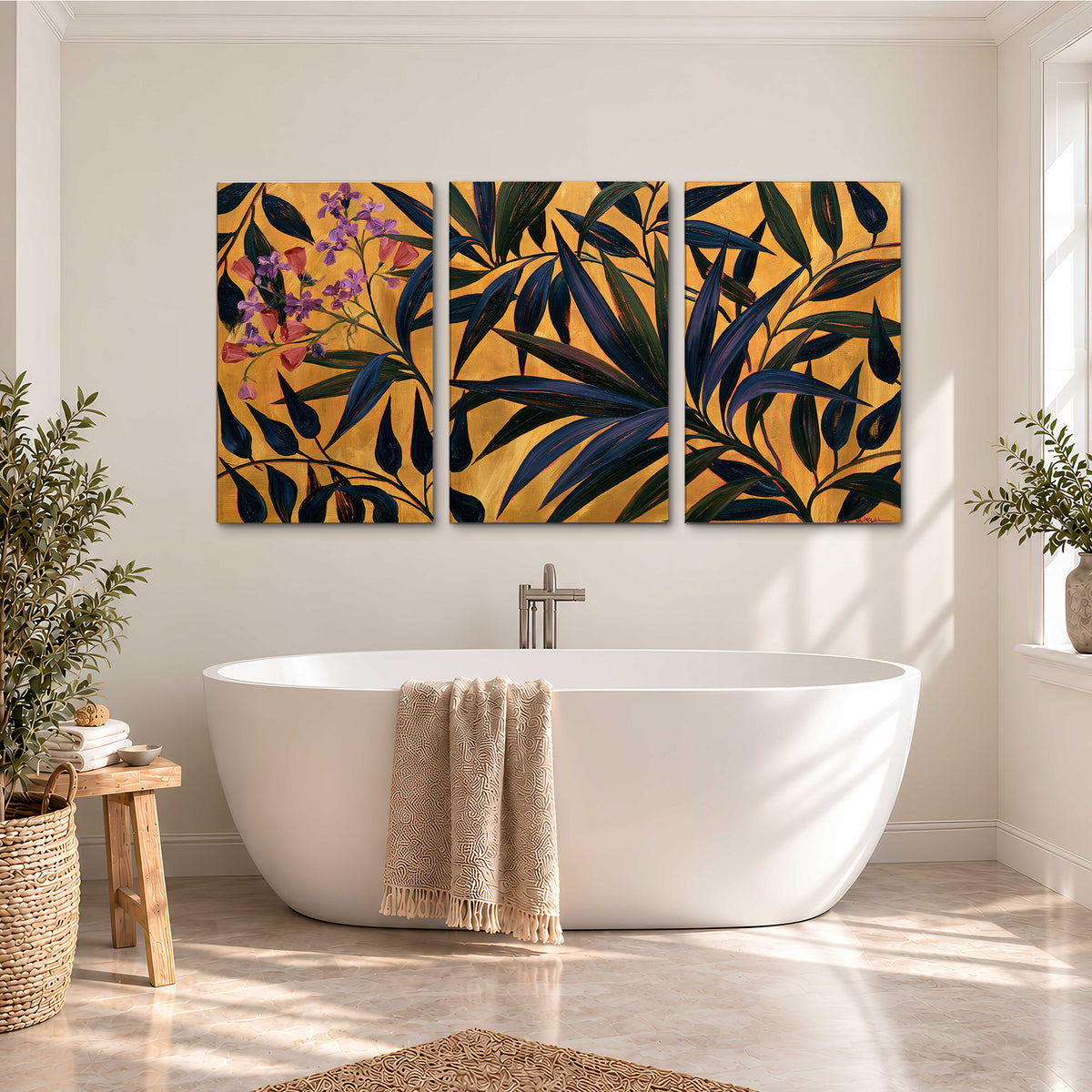 Dark pointed bamboo leaves across an ochre background with small pink floral accents 3 piece canvas wall art styled in an interior