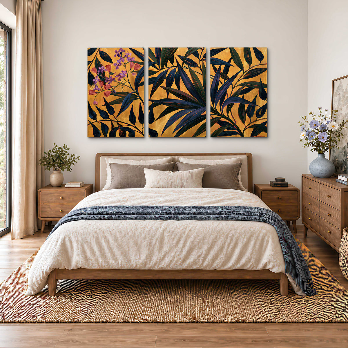 Dark pointed bamboo leaves across an ochre background with small pink floral accents 3 piece canvas wall art styled in an interior