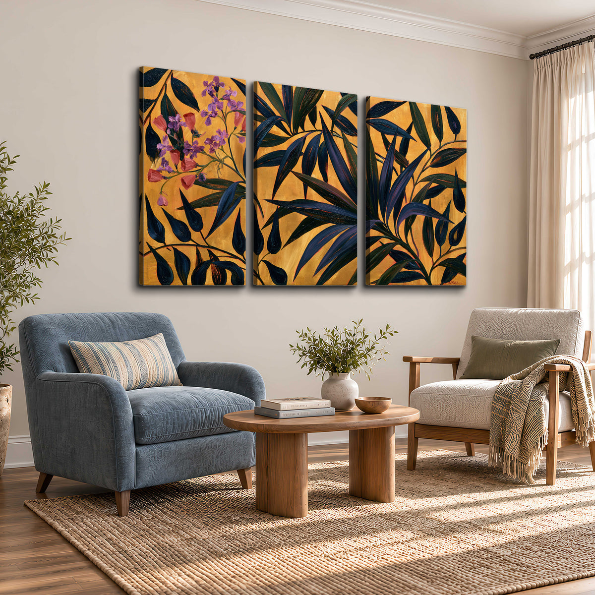 Dark pointed bamboo leaves across an ochre background with small pink floral accents 3 piece canvas wall art styled in an interior