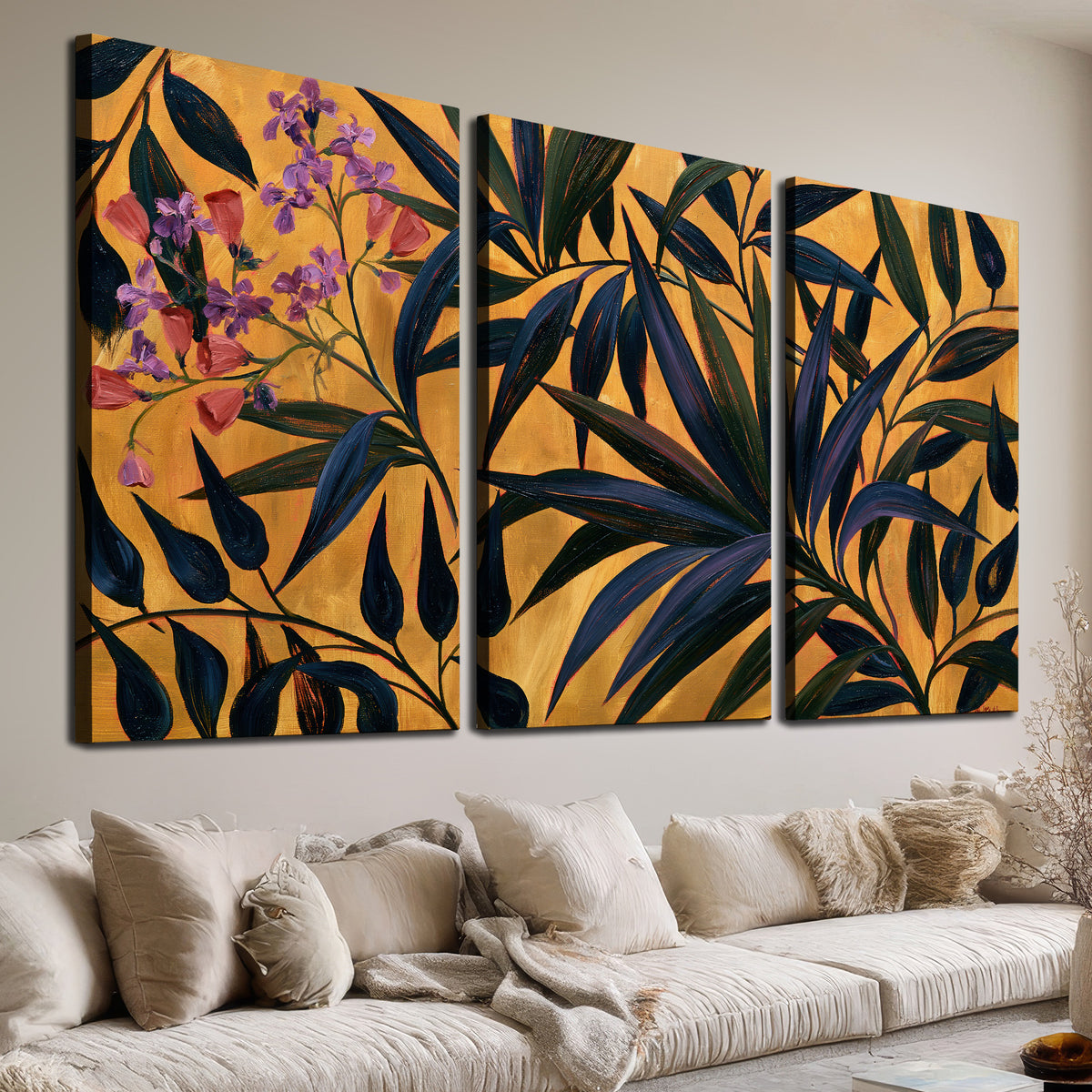 Dark pointed bamboo leaves across an ochre background with small pink floral accents 3 piece canvas wall art room and product view